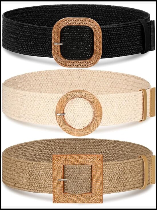 Accessories - Straw Woven Elastic Waist Belt Bohemian Dress Braided Belt Vintage Buckle 3 Pack